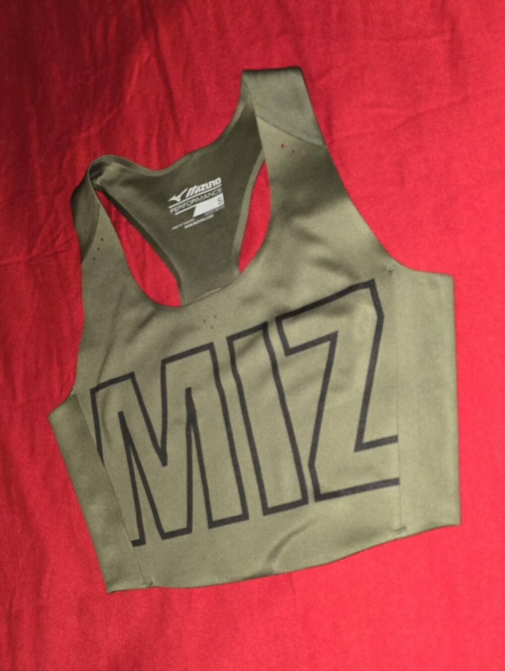 Mizuno Olive Green Racerback Crop Tank with Bold "MIZ" Print